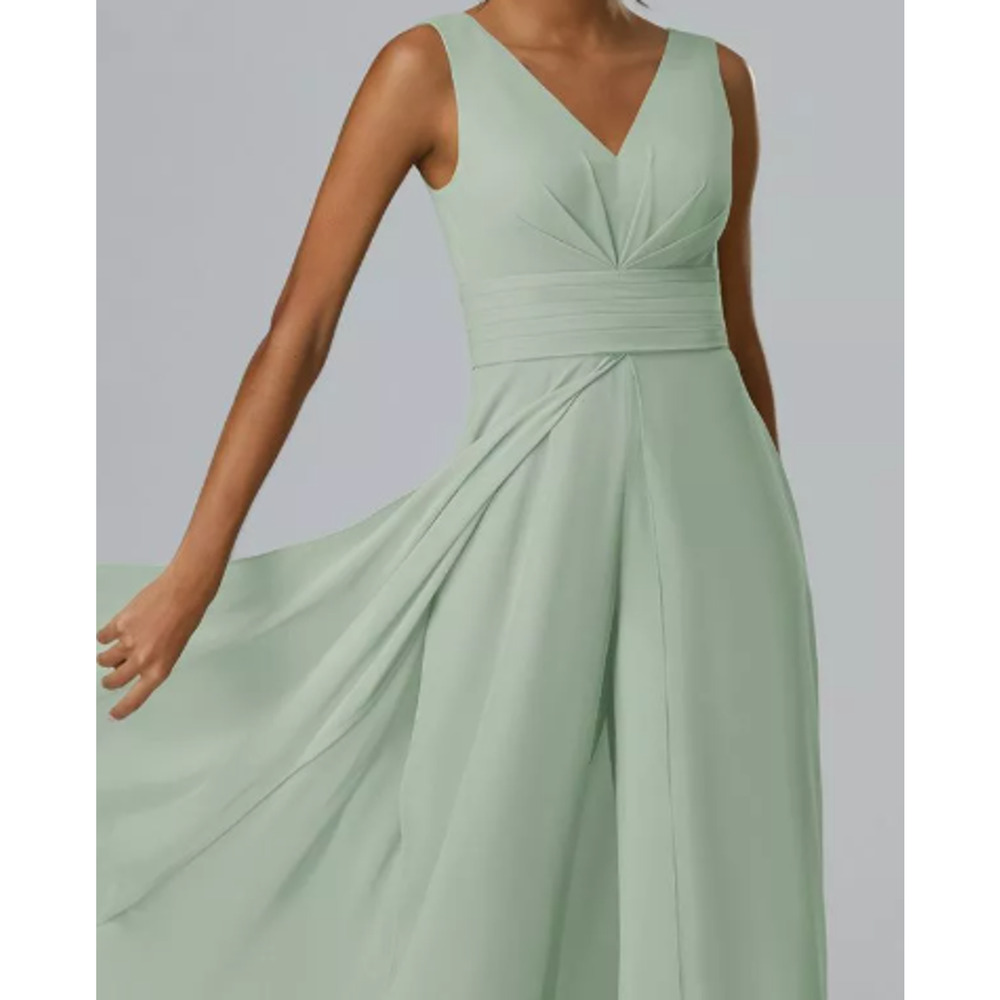 Sleeveless V-Neck Sage Green Jumpsuit with Pleated Waist